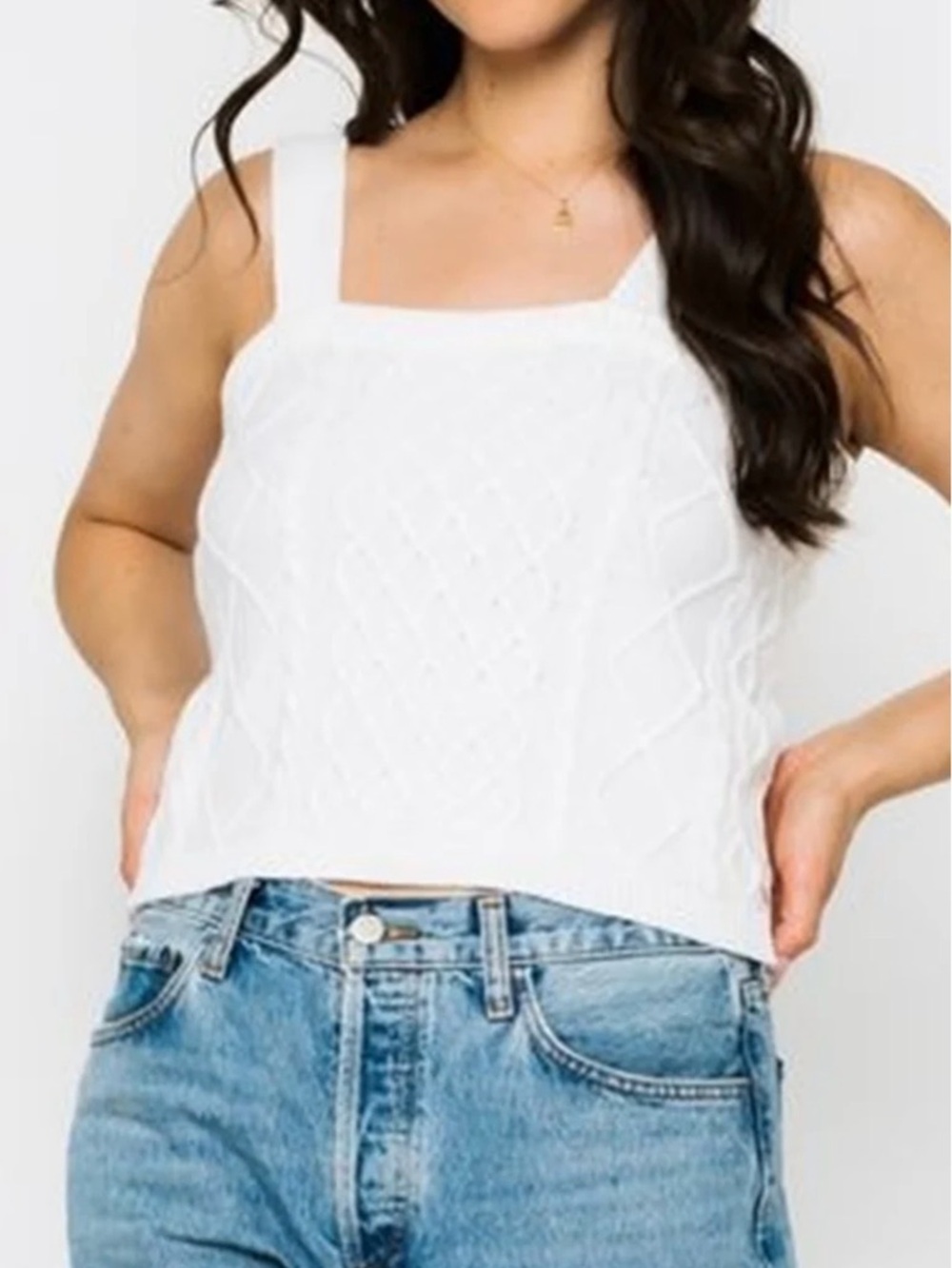 White Cable Knit Square Neck Tank Top - Women's
